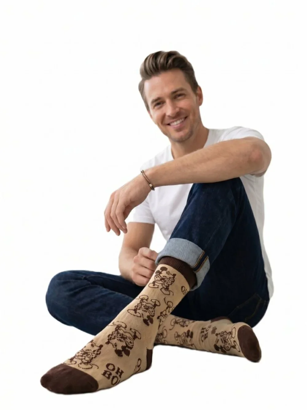 NWT Disney Retro Mickey Mouse Oh Boy Tan Brown Crew Socks Mens 9-13